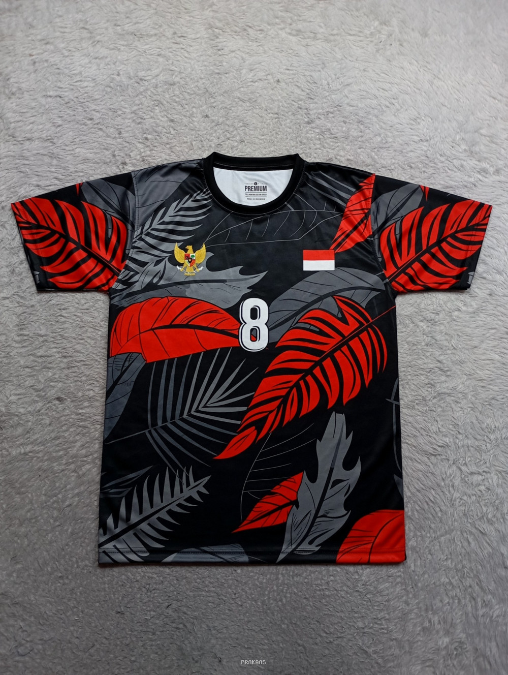Jersey Bola Motif Daun Merah-Abu-Abu, Logo Garuda Indonesia - Jersey Custom PROKAOS
