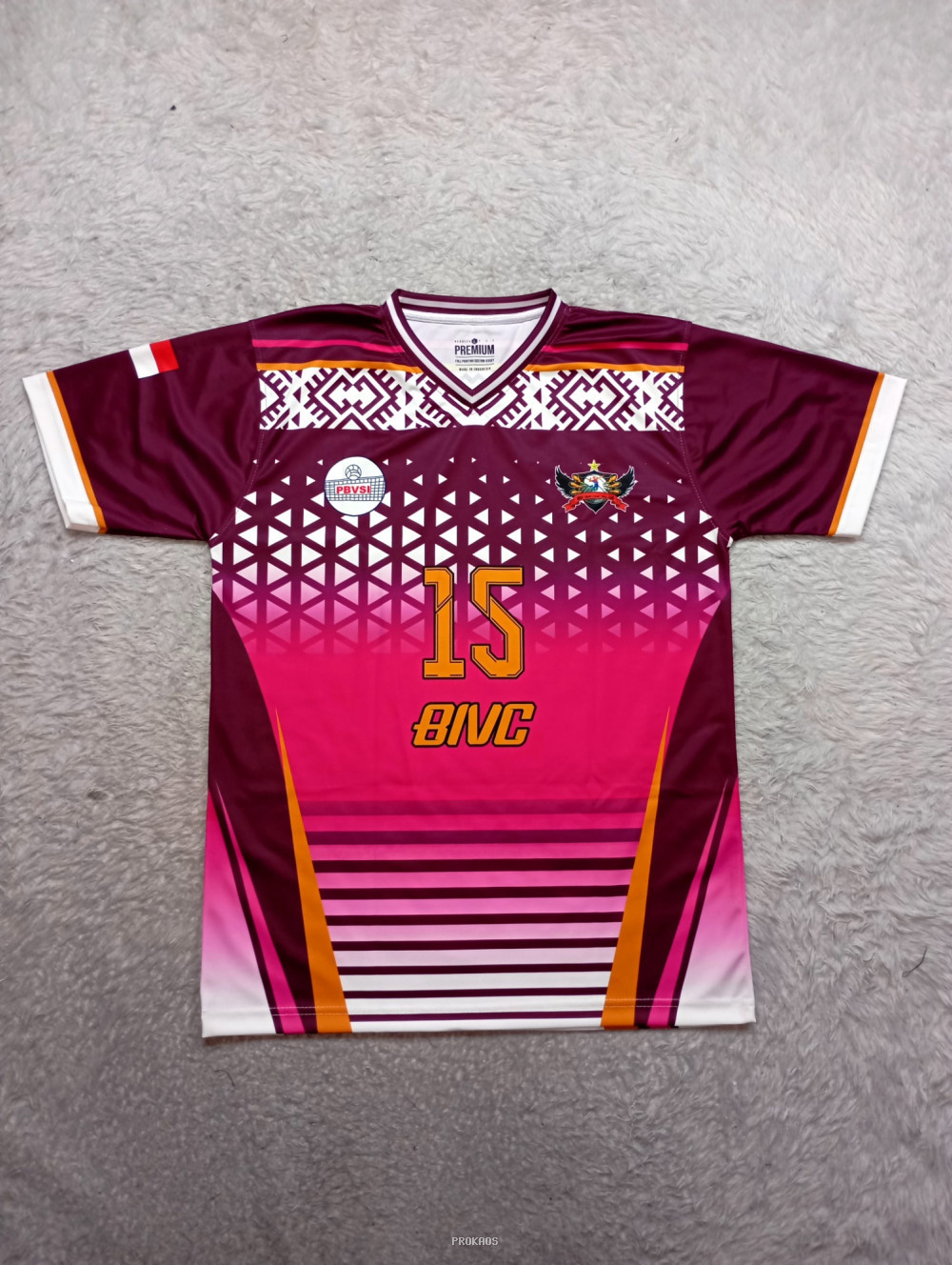 Jersey Bola Voli Merah Ungu dengan Desain Etnik Modern - Jersey Custom PROKAOS