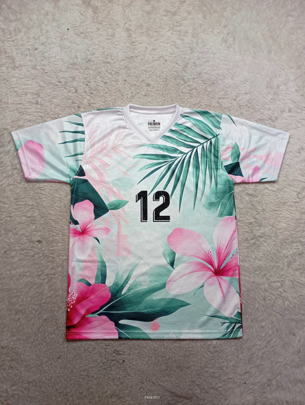 Jersey Floral Tropis: Putih, Bunga, dan Angka 12 - Jersey Custom PROKAOS