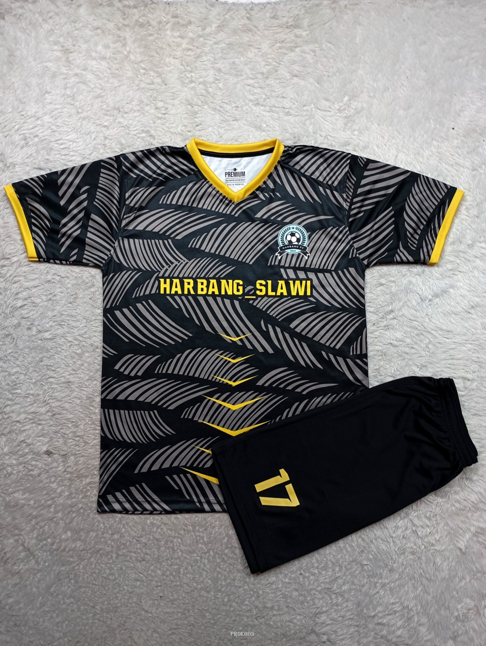 Jersey Harbang Slawi: Hitam Motif Daun & Celana Nomor 17 - Jersey Custom PROKAOS