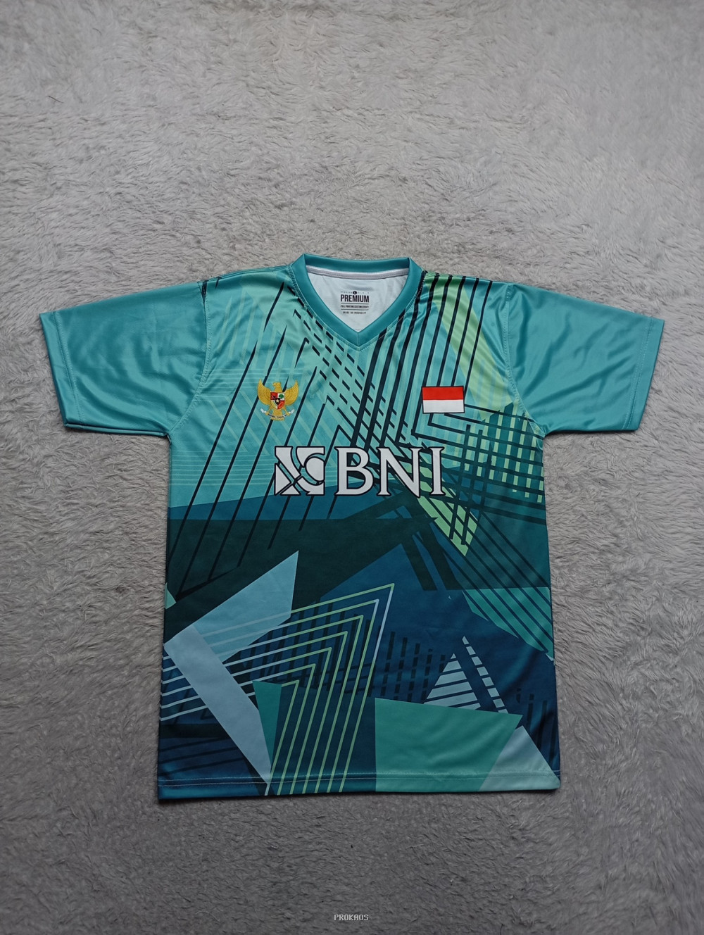 Jersey Olahraga Indonesia: Hijau-Biru Motif Geometris & BNI - Jersey Custom PROKAOS