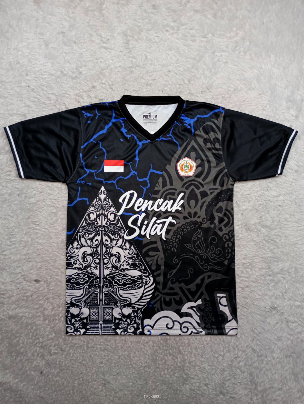 Jersey Pencak Silat Hitam dengan Motif Wayang dan Logo - Jersey Custom PROKAOS