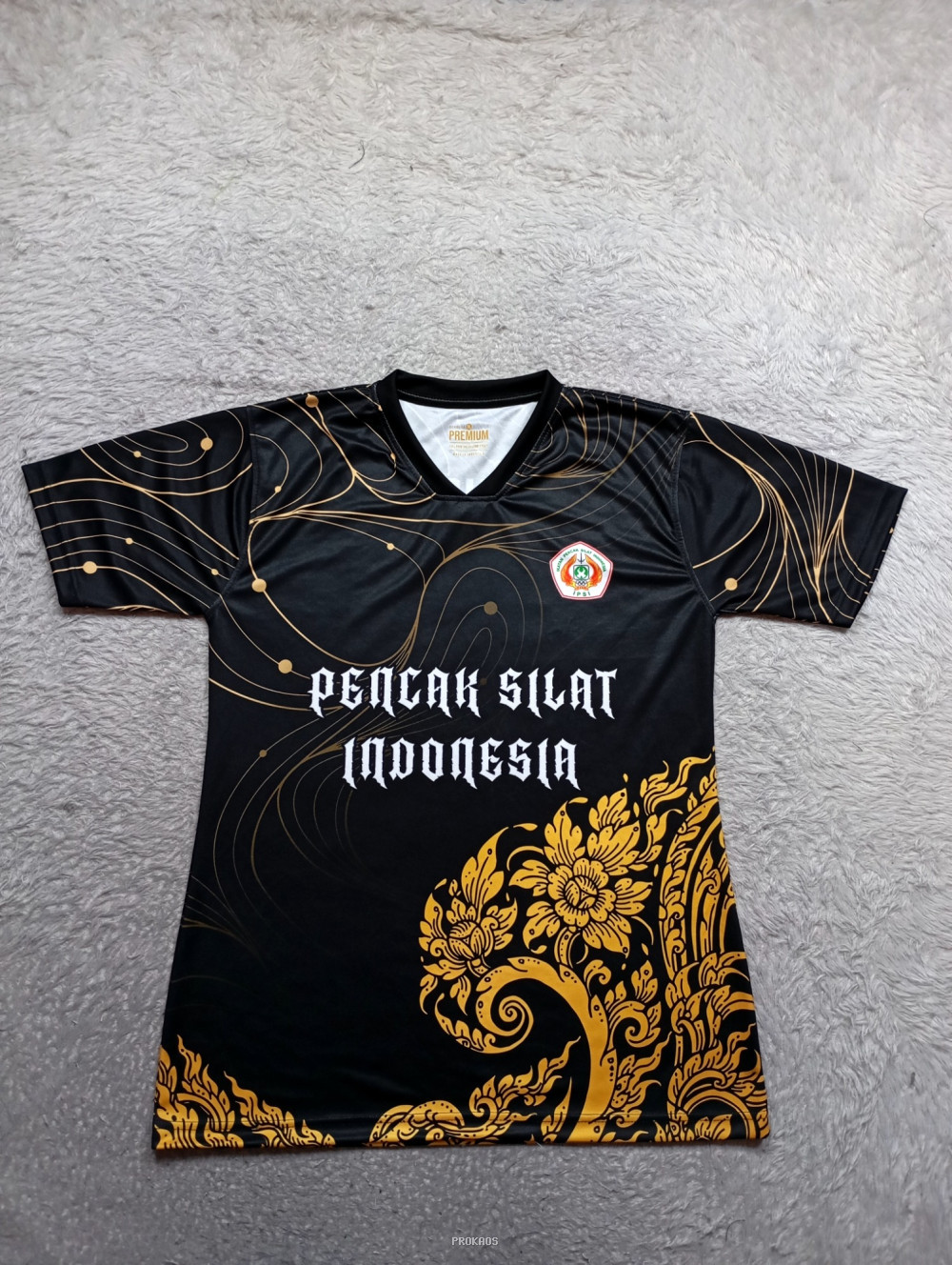Jersey Pencak Silat Indonesia: Hitam dengan Motif Emas Elegan - Jersey Custom PROKAOS
