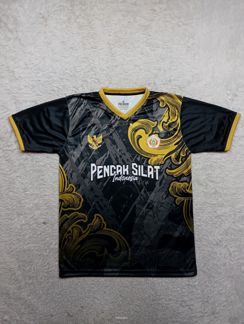 Jersey Pencak Silat Indonesia: Hitam dengan Ornamen Emas - Jersey Custom PROKAOS