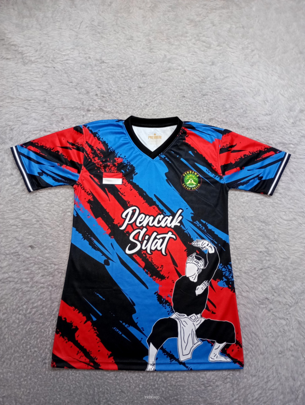Jersey Pencak Silat: Merah-Biru-Hitam dengan Motif & Ilustrasi - Jersey Custom PROKAOS