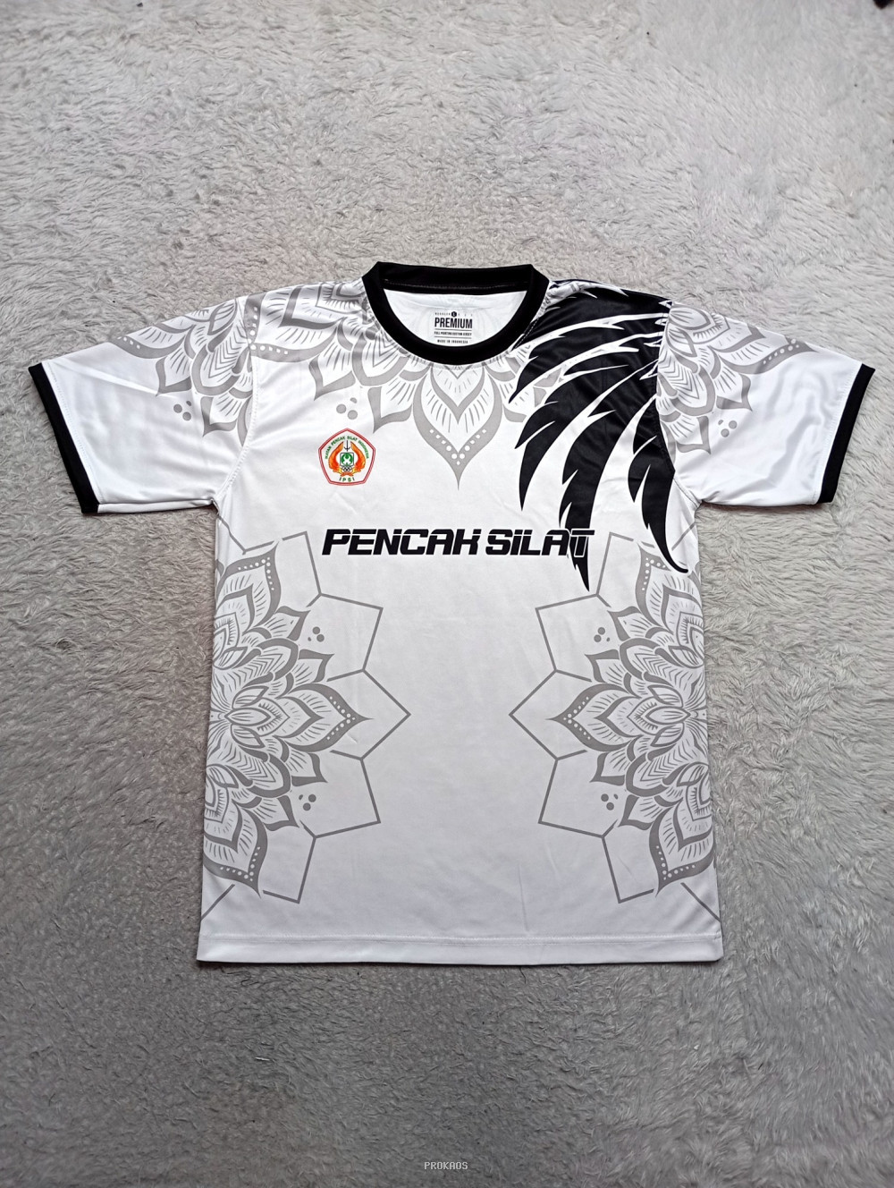 Jersey Pencak Silat Putih: Desain Mandala & Sayap Hitam - Jersey Custom PROKAOS