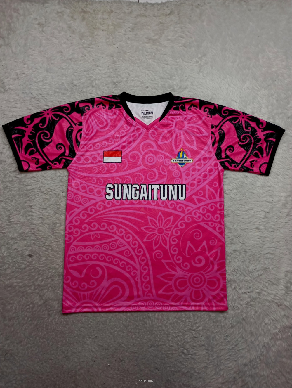 Jersey Voli Pink SUNGAITUNU dengan Motif Tribal dan Logo - Jersey Custom PROKAOS