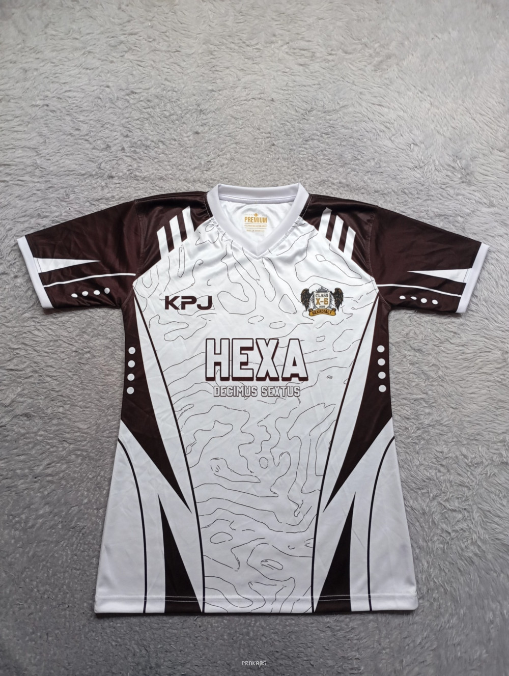 Jersey Putih-Coklat dengan Desain Peta & Logo "HEXA" - Jersey Custom PROKAOS