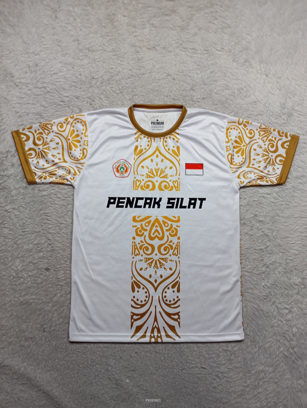 Jersey Putih Pencak Silat dengan Motif Emas dan Bendera Merah Putih - Jersey Custom PROKAOS
