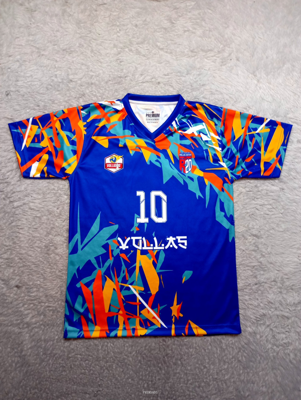 Jersey Voli Biru dengan Motif Abstrak & Nomor 10 - Jersey Custom PROKAOS