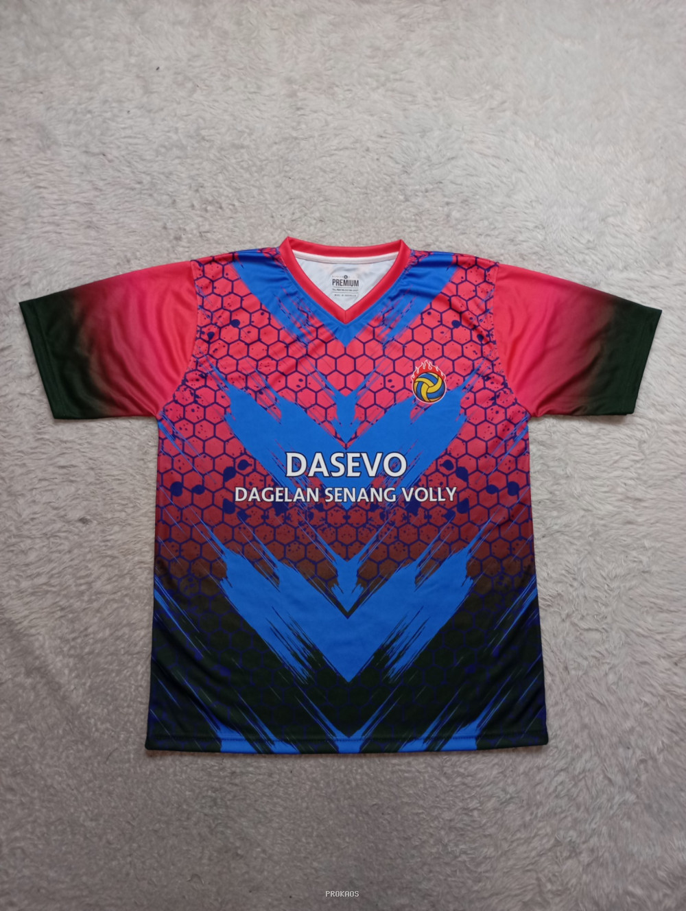 Jersey Voli DASEVO: Merah, Biru, & Motif Sarang Lebah - Jersey Custom PROKAOS