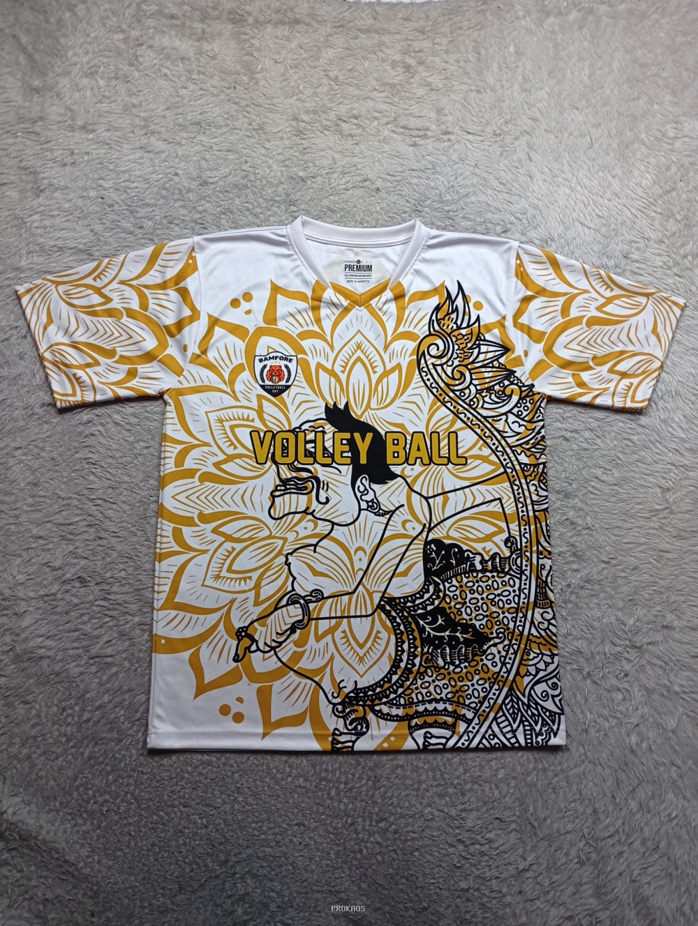 Jersey Voli Putih dengan Desain Wayang & Motif Bunga - Jersey Custom PROKAOS