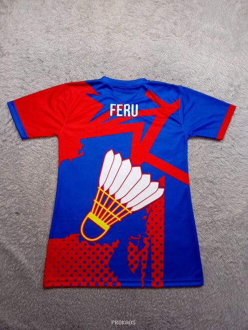 Jersey Badminton Merah-Biru Motif Shuttlecock & Bendera - Gambar 2
