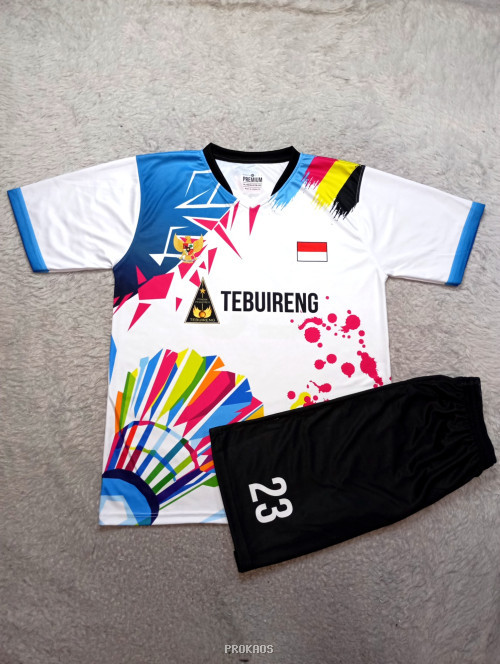 Jersey Badminton 'Tebuireng' Putih dengan Desain Warna-warni - Jersey Custom PROKAOS