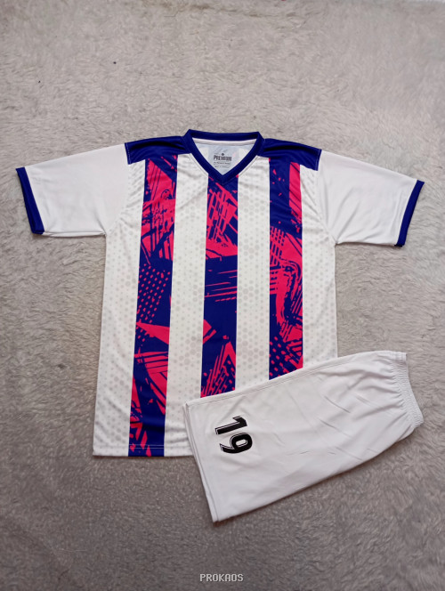 Jersey Bola Putih dengan Garis & Motif Abstrak Merah-Biru - Jersey Custom PROKAOS