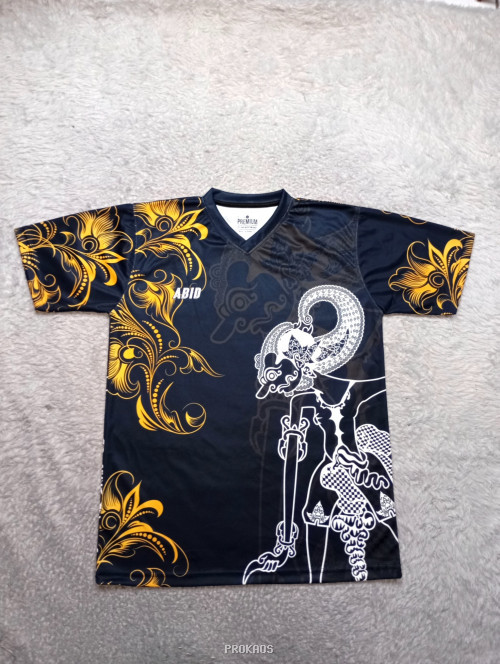 Jersey Hitam dengan Desain Wayang dan Motif Bunga Emas - Jersey Custom PROKAOS