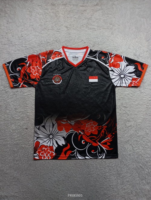 Jersey Hitam Motif Bunga Merah Putih dengan Detail Oranye - Jersey Custom PROKAOS