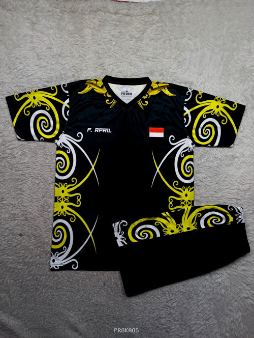 Jersey Hitam Motif Etnik dengan Desain Bendera Merah Putih - Jersey Custom PROKAOS