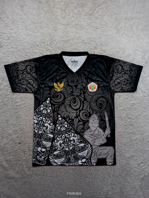 Jersey Hitam Motif Ukir dengan Lambang Garuda dan Tokoh - Jersey Custom PROKAOS