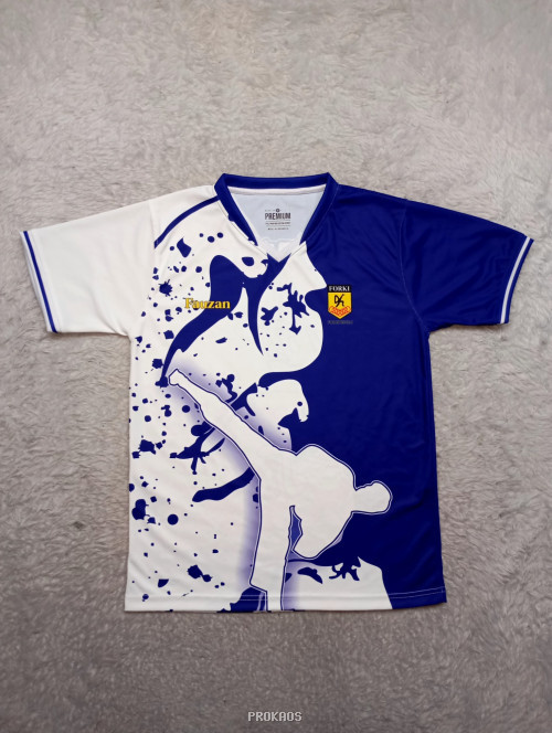 Jersey Karate Biru Putih: Desain Splatter & Kanji - Jersey Custom PROKAOS