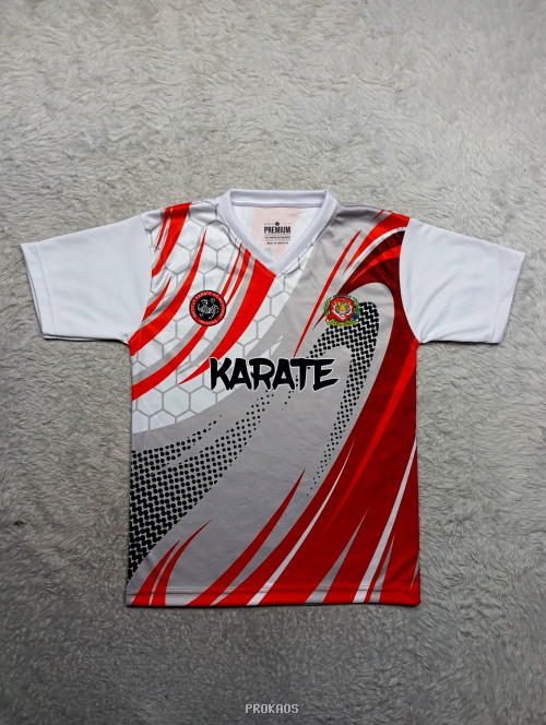 Jersey Karate Putih Abu Merah dengan Desain Dinamis - Jersey Custom PROKAOS