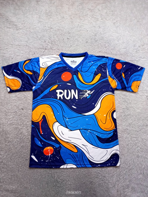 Jersey Lari Desain Abstrak Biru-Oranye dengan Tulisan 'RUN' - Jersey Custom PROKAOS