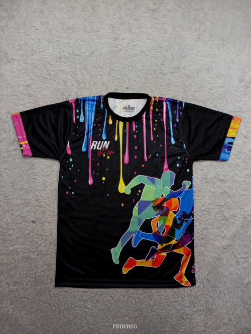 Jersey Lari Hitam dengan Desain Cairan Warna-warni dan Siluet Pelari - Jersey Custom PROKAOS