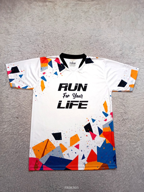 Jersey Lari Putih dengan Desain Abstrak & Pesan 'Run For Your Life' - Jersey Custom PROKAOS