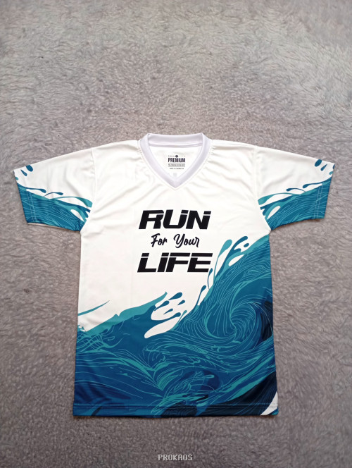 Jersey Lari Run For Your Life :  Putih, Biru, Navy - Jersey Custom PROKAOS