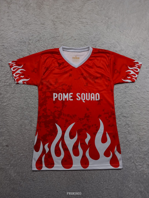 Jersey Merah 'POME SQUAD' dengan Desain Api - Jersey Custom PROKAOS