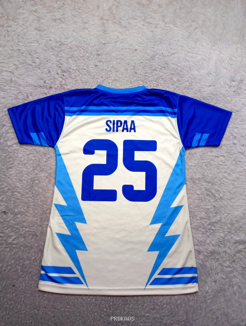 Jersey Olahraga Putih Biru dengan Desain Petir & Logo - Gambar 2