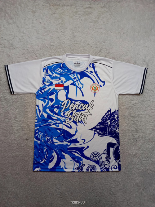 Jersey Pencak Silat: Putih dengan Desain Batik Biru & Wayang - Jersey Custom PROKAOS