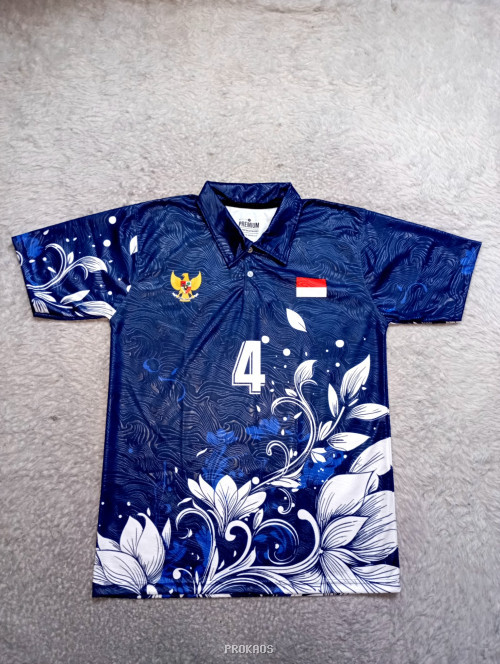 Jersey Polo Biru Navy: Motif Bunga & Lambang Garuda Indonesia - Jersey Custom PROKAOS