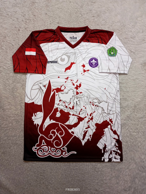 Jersey Putih Merah dengan Desain Elang dan Logo Pramuka - Jersey Custom PROKAOS