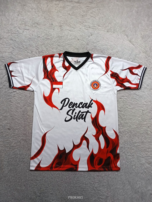 Jersey Putih Pencak Silat dengan Motif Api Merah - Jersey Custom PROKAOS