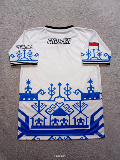 Jersey Putih Pencak Silat dengan Motif Tradisional Biru - Gambar 2