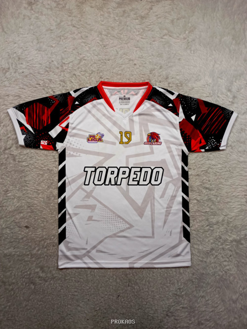 Jersey Torpedo Pro Liga: Dominasi Putih dengan Aksen Merah-Hitam - Jersey Custom PROKAOS