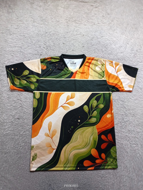 Jersey V-Neck Motif Floral Abstrak: Oranye, Hijau, dan Hitam - Jersey Custom PROKAOS