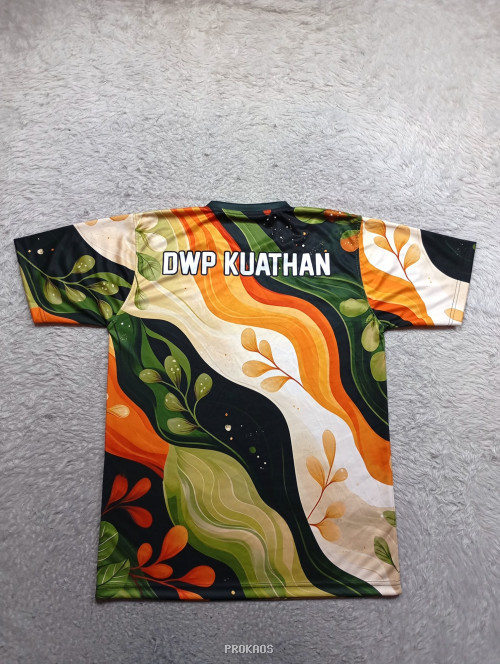 Jersey V-Neck Motif Floral Abstrak: Oranye, Hijau, dan Hitam - Gambar 2