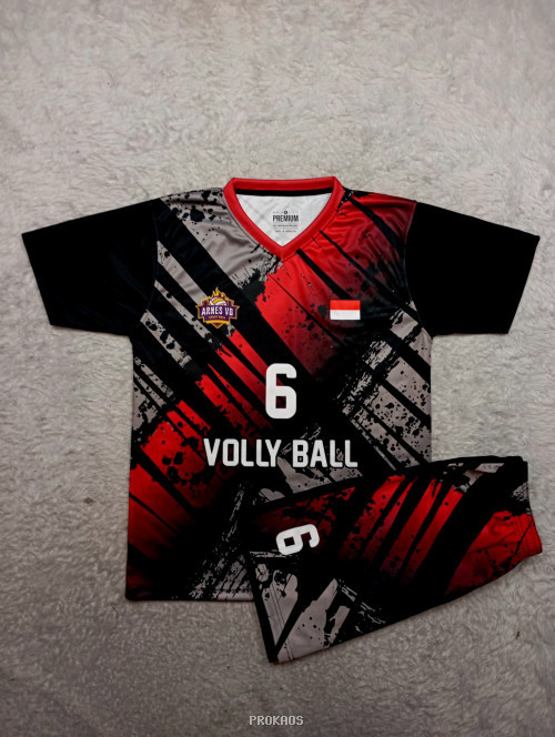 Jersey Voli 'Arnes VB' Merah-Hitam dengan Motif Grunge - Jersey Custom PROKAOS