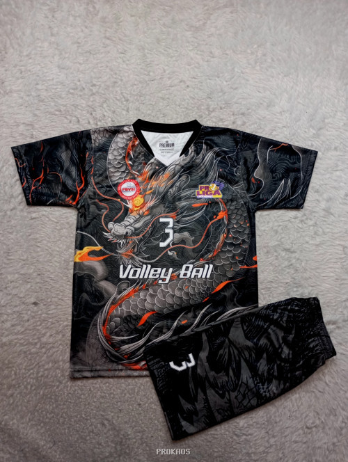 Jersey Voli Dragon: Hitam, Abu-abu, Api Merah & Nomor 3 - Jersey Custom PROKAOS