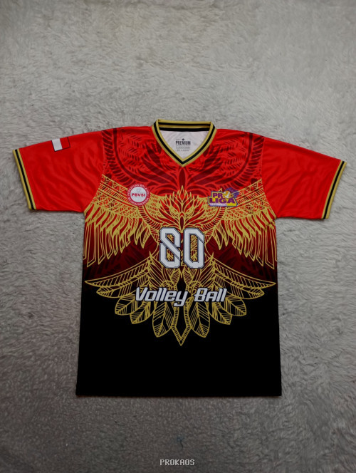 Jersey Voli Merah-Hitam dengan Motif Sayap Emas & Nomor 80 - Jersey Custom PROKAOS