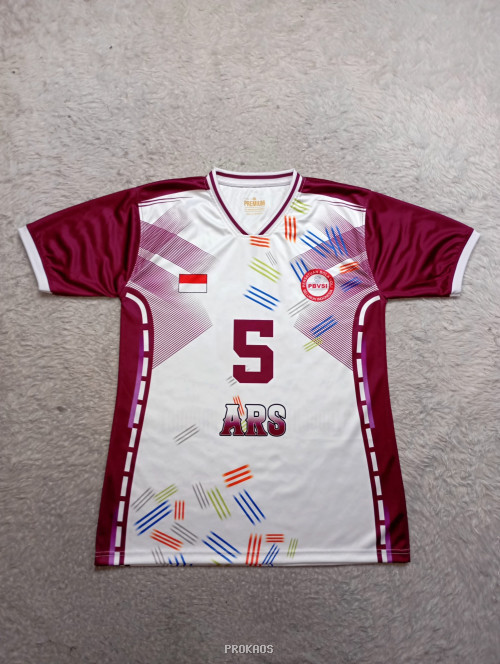 Jersey Voli Putih dengan Nomor 5 dan Logo PBVSI - Jersey Custom PROKAOS