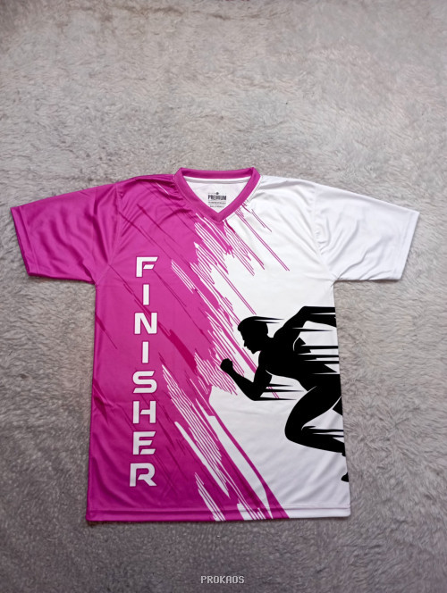 Kaos Lari 'Finisher' dengan Desain Atletik Berwarna Pink & Putih - Jersey Custom PROKAOS